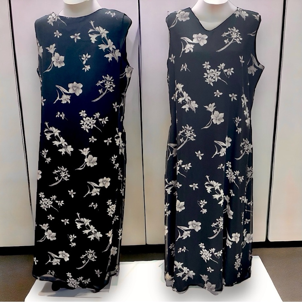 Sleeveless Double Layer Maxi Pull Over Sheath Dress in Black w/ Flowers